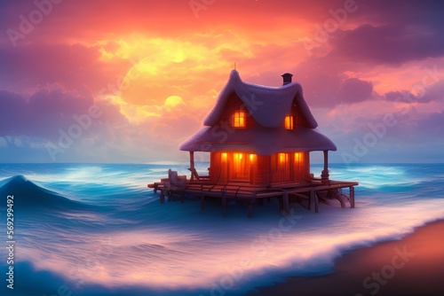 turquoise cottage with waves and sunset in the background - generative ai