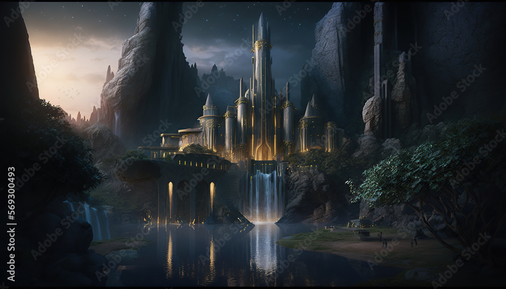 a mysterious tower in the center of an elven city on a plain in ...