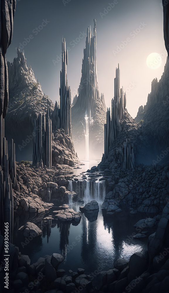a mysterious tower in the center of an elven city on a plain in Waterfalls. Fantasy