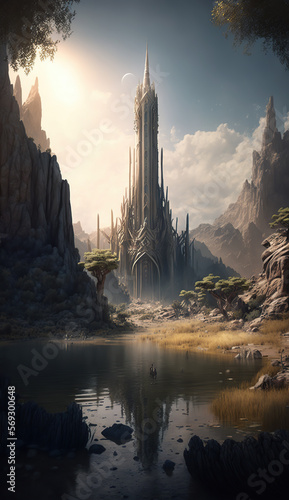 a mysterious tower in the center of an elven city on a plain in Waterfalls. Fantasy © Jacques Evangelista