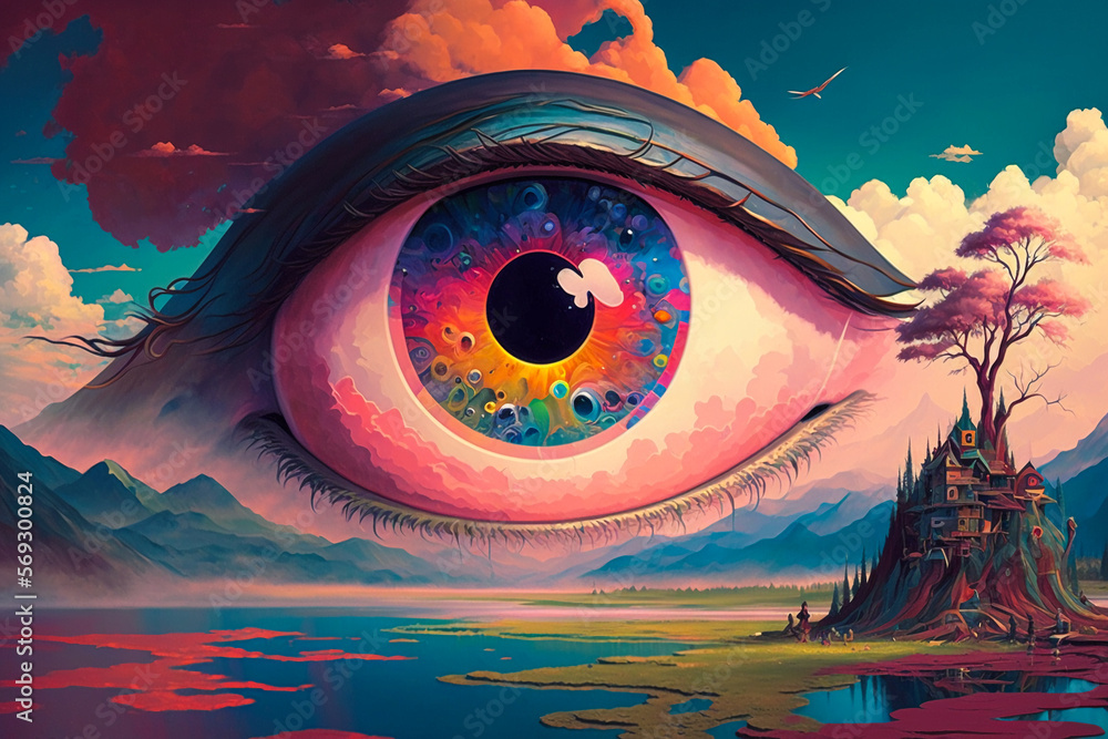 colorful painting of the all seeing eye of the world in a fantasy