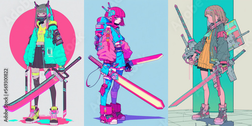 Portrait of anime cyber girls with huge light sword. Illustration in the retro style film. Colorful background, collection