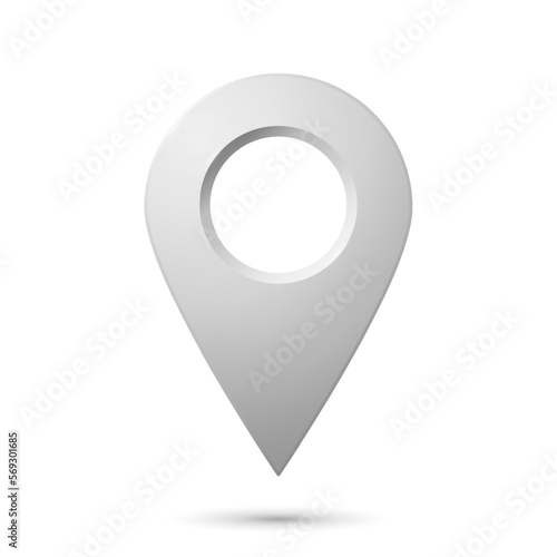 The geolocation icon is silver with highlights and shadows on a white background. Realistic geolocation map pin code icon. Vector EPS 10.