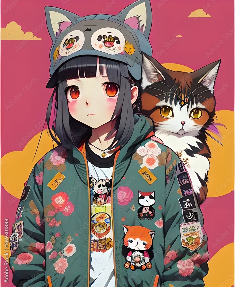 Fototapeta premium Cute brunette anime teen school girl with cat on pink background, giapponese modern fantasy character, generative ai