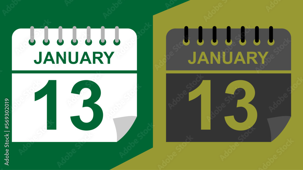 January 13 calendar date on green background or isolated icons with hollow background. January 13 calendar date on green background or isolated icons with hollow background.