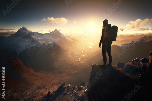 Hiker stands at peak of a mountain with a beautiful view of the sunrise, behind view, silhouette, generative ai
