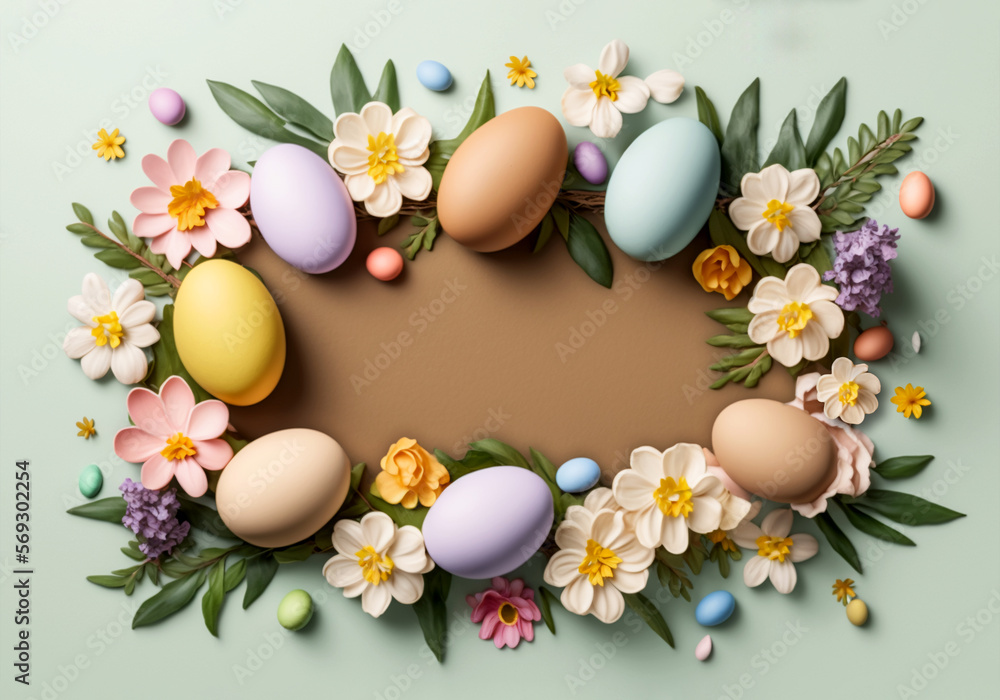 Digital Easter illustration with colorful eggs and spring flowers. Easter background with copy space. Flat lay.