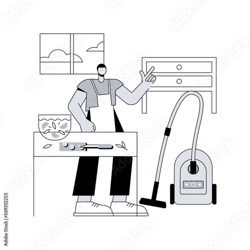 Dads and housework abstract concept vector illustration. Dad doing housework, chores at home, father son daughter folding clothes, fun cooking, cleaning together, wash dishes abstract metaphor.