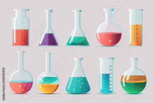 Set of laboratory glassware, chemistry lab equipment glass, chemical laboratory, science, illustration isolated on white background, Generative AI