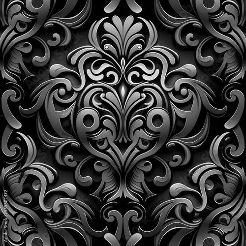 Seamless Black and white Damask style pattern background, vintage, rich ornament, luxury, ai generated