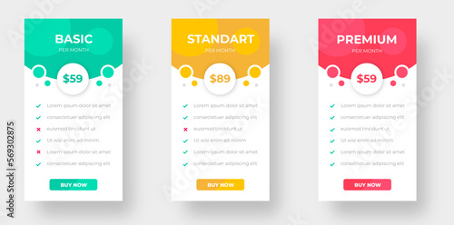 pricing table and pricing chart Price list vector template for web or app. Ui UX design tables with tariffs, subscription and business plans. Comparison business web plans, 3 column grid design.