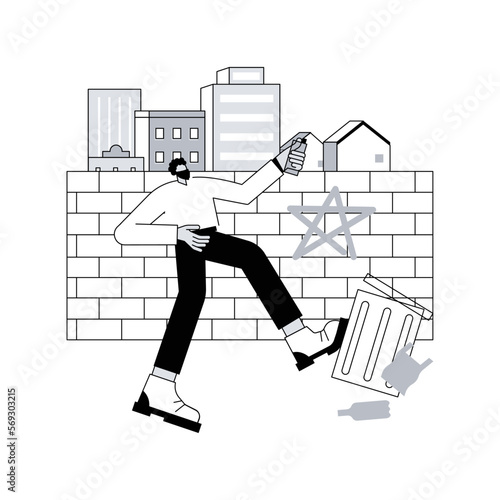 Vandalism abstract concept vector illustration. Destruction and damage, public or private property, political vandalism, violence and looting, building walls graffiti abstract metaphor.