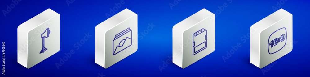 Set Isometric line Studio light bulb in softbox, Photo frame, SD card and 16 icon. Vector Set Isometric line Studio light bulb in softbox, Photo frame, SD card and 16 icon. Vector