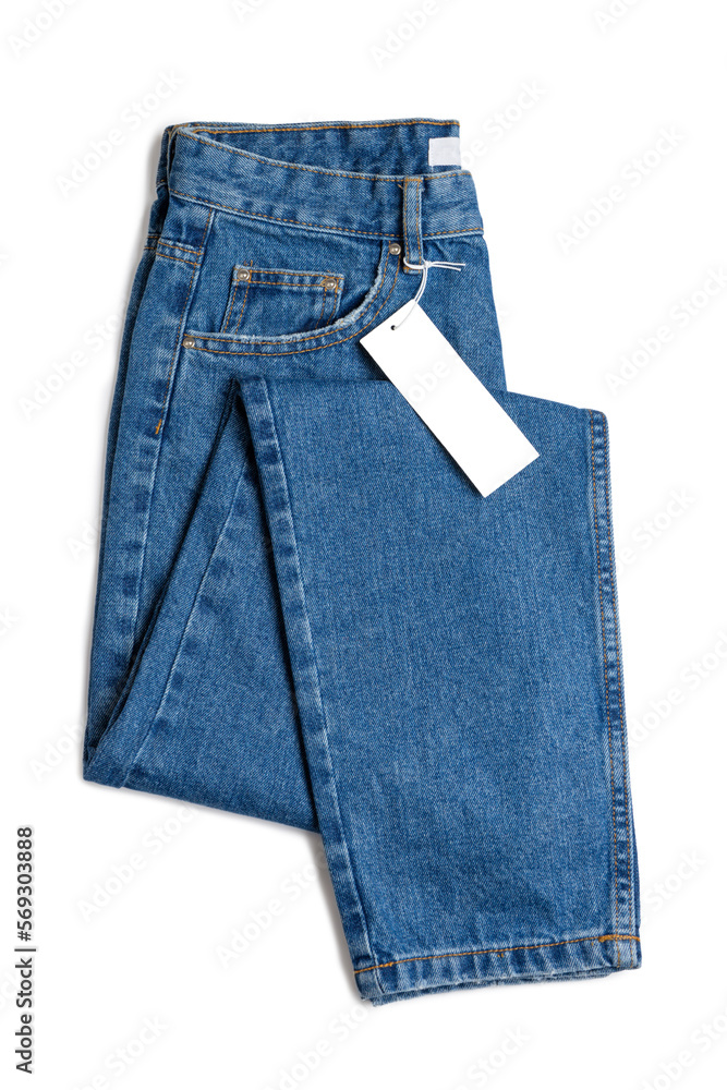 Blue jeans pants and price tag isolated on white background. Denim  background, texture, mockup. Fashion concept, business, shopping, sale.  Design detail, button and seams, clothing tag, copy space Photos | Adobe  Stock