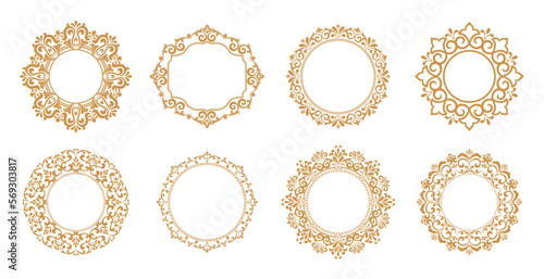 Set of decorative frames Elegant vector element for design in Eastern style, place for text. Floral gold and white borders. Lace illustration for invitations and greeting cards