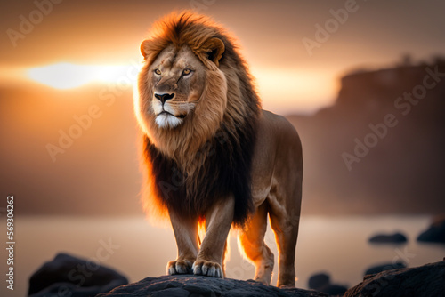 Lion, powerful, muscular, golden brown fur, sharp claws, fierce eyes, majestic mane, standing on a rock, watching the sunrise, orange and yellow hues in the sky. AI
