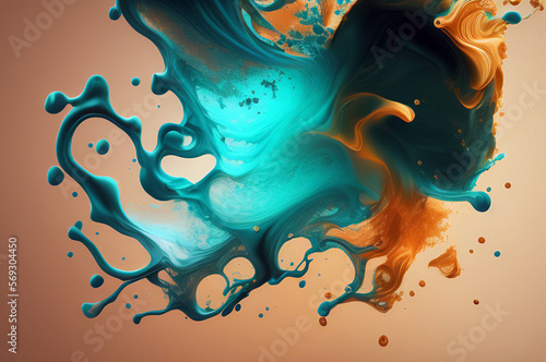 Generative AI painting. Bright multi colored background, splashing water with drops and waves. Turquoise and yellow colors