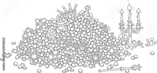 Large pile of gold coins, crowns and jewels from royal treasury of fairy kingdom, black and white outline vector cartoon illustration for a coloring book
