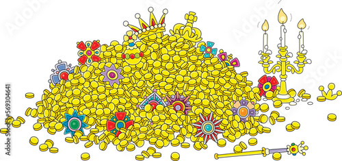 Large pile of gold coins, crowns and jewels from royal treasury of fairy kingdom, vector cartoon illustration isolated on a white background