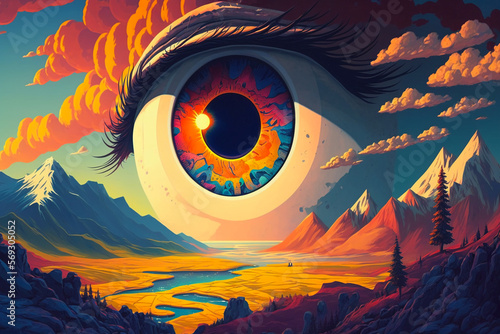 abstract colorful painting of a surreal desert landscape with the eye of the world, created with generative ai