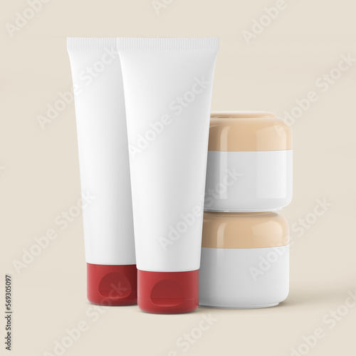 Cosmetic Bottle Set for liquid, cream, gel, lotion. Beauty product package, blank templates of white plastic containers: dispenser, cream jar, tube.