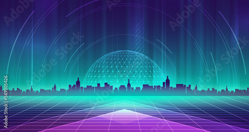 Digital technology city metaverse neon blue green background, abstract cyber communication, innovation future cyberpunk metropolis tech, internet network connection, Ai big data, town illustration 3d