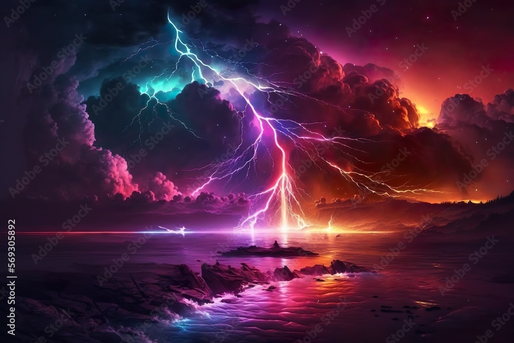 Colorful lightning over water