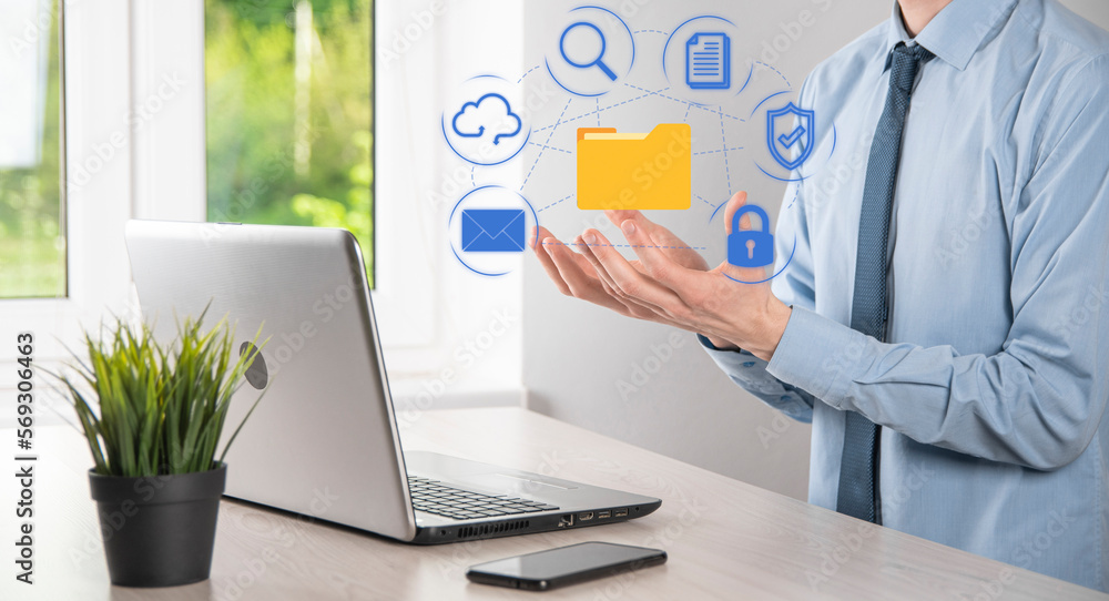 Document Management System DMS .Businessman hold folder and document icon.Software for archiving, searching and managing corporate files and information.Internet Technology Concept.Digital security Document Management System DMS .Businessman hold folder and document icon.Software for archiving, searching and managing corporate files and information.Internet Technology Concept.Digital security