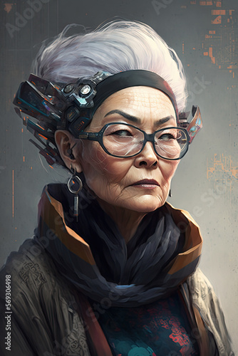 Futuristic asian old lady made with Generative AI.