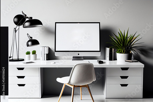 Stylish workspace with computer and posters on home or studio, AI Generated