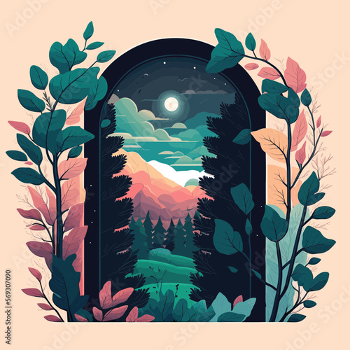 A Doorway into Nature. Editable Artsy Wallpaper Vector Illustration