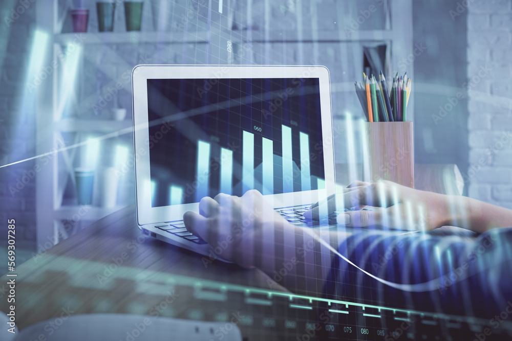 Double exposure of woman hands typing on computer and forex chart hologram drawing. Stock market invest concept. Double exposure of woman hands typing on computer and forex chart hologram drawing. Stock market invest concept.