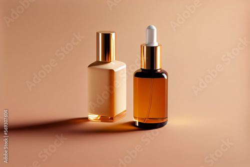Blank cosmetick bottle mock up set  Clear healthcare glass with disinfection liquid mockup template. AI Generated