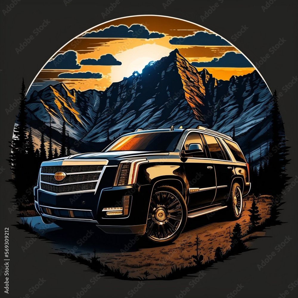 Generative AI Black Luxury Cadillac Escalade during sunset with mountains in the background - obrazy, fototapety, plakaty 