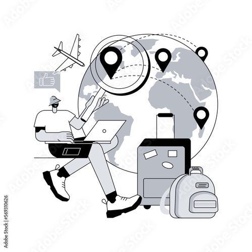 Nomadism abstract concept vector illustration. Without fixed habitation, digital nomad, hunters gatherers pastoral, non-sedentary people, movement, inside tents, riding a horse abstract metaphor.