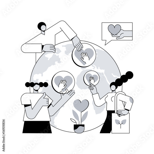 Social participation abstract concept vector illustration. Social engagement, team work, civil society participation, happy volunteers, charity people, clean garbage, plant trees abstract metaphor.