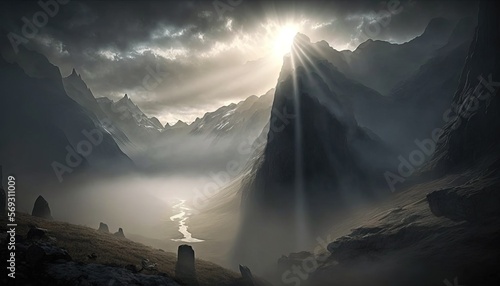  a painting of a mountain with a river in the middle of it and the sun shining through the clouds in the distance, with a fog in the foreground. generative ai