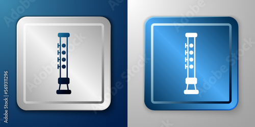 White Flute icon isolated on blue and grey background. Musical instrument. Silver and blue square button. Vector