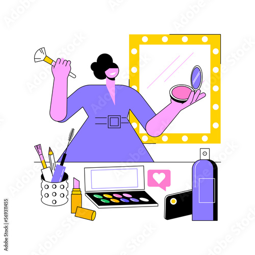 Beauty and makeup isolated cartoon vector illustrations. Young smiling girl taking online courses in makeup, having fun when shooting video, a lot of cosmetics around vector cartoon.