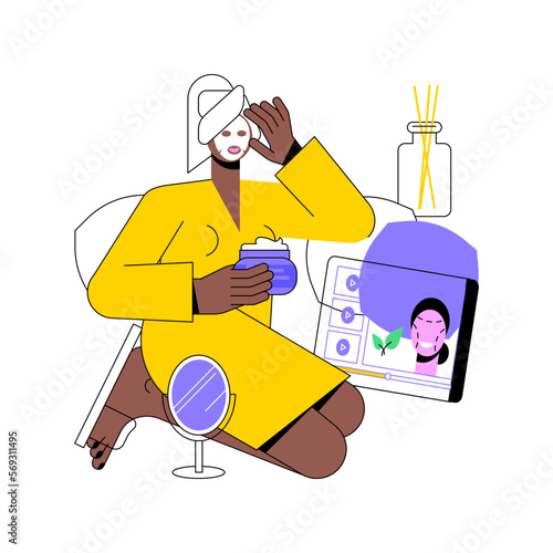 Skin care isolated cartoon vector illustrations. Young woman in cosmetic mask watching beauty tutorials, homemade cosmetics products, online education, skin treatment vector cartoon.
