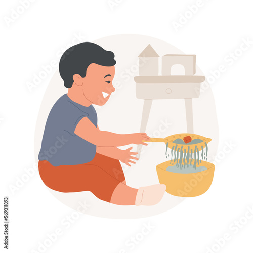 Using a strainer isolated cartoon vector illustration. Toddler using a dropper, strain water to get object, sensory activity, practical life, montessori education method vector cartoon.
