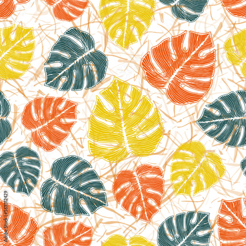 Monstera striped leaves floral repeat rapport over noisy background. Trendy