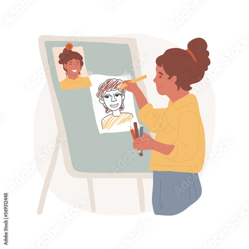 Drawing self-portrait from a picture isolated cartoon vector illustration. Learn to draw face, child make self-portrait from photo, elementary school curriculum, fine art lesson vector cartoon.