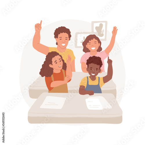 Advanced learners classroom isolated cartoon vector illustration. Children raising hand at lesson, gifted kids of different age sit in classroom, teacher writes advanced formula vector cartoon.