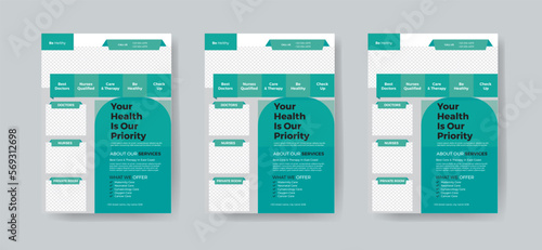 set of white background for flyer for Saloon or beauty center industry. Vertical layout with space for photo on top and circle shape. combination red, black and green gradient colors