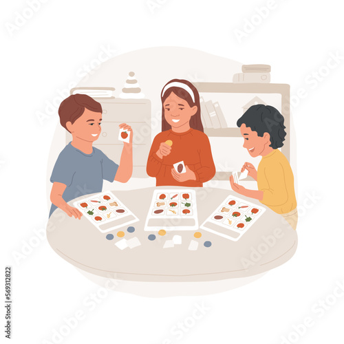 Bingo isolated cartoon vector illustration. Fun classroom activity, children spend leisure time, elementary school game club, kids socialization, kids play bingo after lessons vector cartoon.