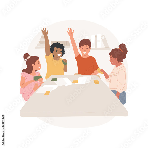 Quiz game isolated cartoon vector illustration. Children sit at big table, learning games, afterschool club, socialization activity, for elementary students, interactive quizz vector cartoon.