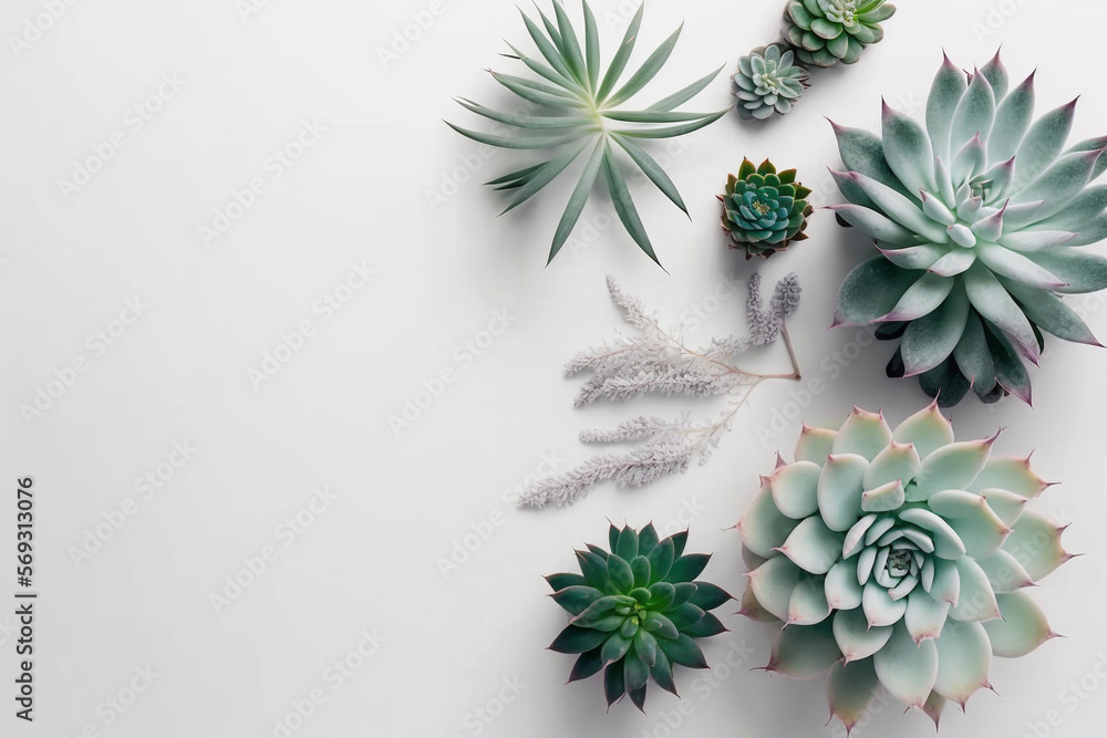 minimalist modern wallpaper with succulent plants on a white surface