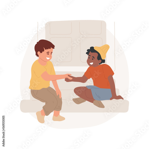 Meeting new friends isolated cartoon vector illustration. child stretches out hand to new friend, game club, socialization activity, invite neighbors, kids play outdoors vector cartoon.
