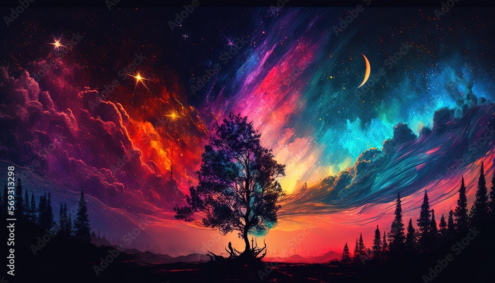 Fototapeta premium dreamlike gradient sky at night time with nature landscape, idea for background wallpaper, Generative Ai
